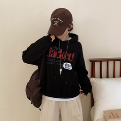 【起毛】バイカラーレタリングルーズフード BLACK