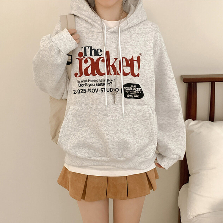 【起毛】バイカラーレタリングルーズフード WHITE MELANGE