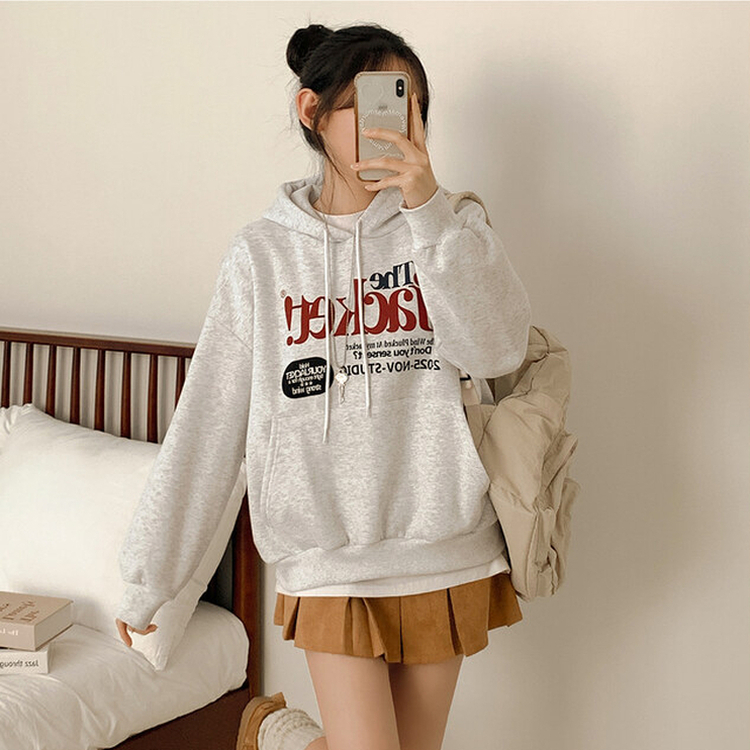 【起毛】バイカラーレタリングルーズフード WHITE MELANGE