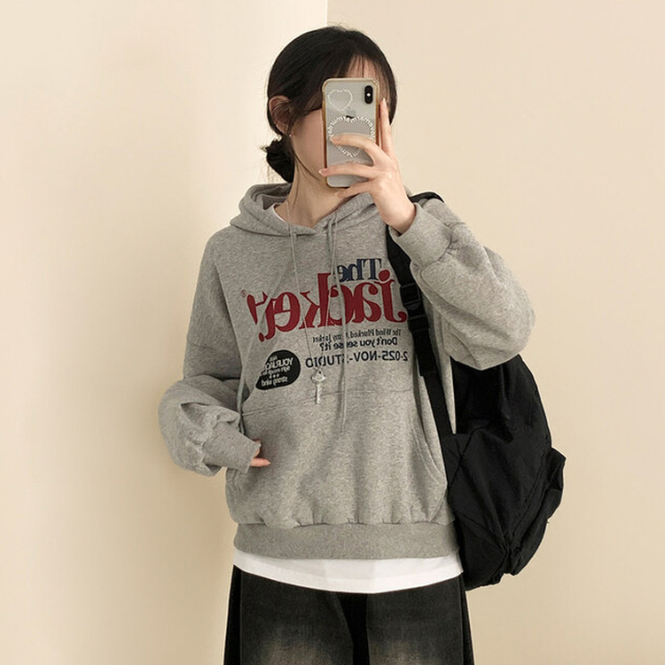 【起毛】バイカラーレタリングルーズフード MELANGE