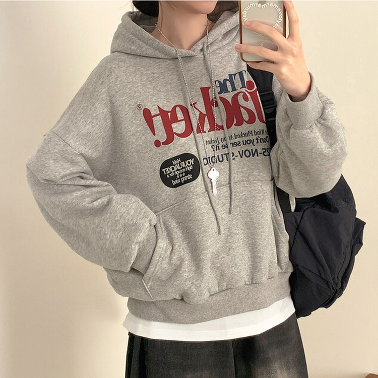 【起毛】バイカラーレタリングルーズフード MELANGE