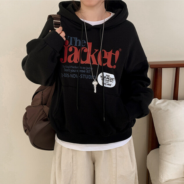 【起毛】バイカラーレタリングルーズフード BLACK