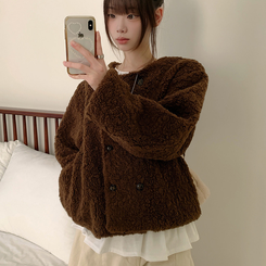 ツーボタンウールボアノーカラーコート BROWN