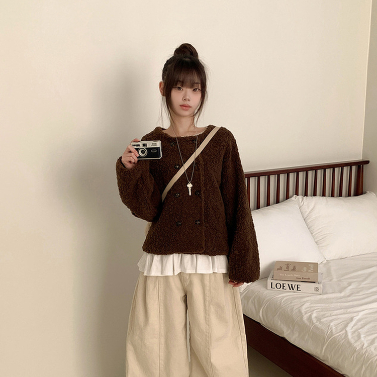 ツーボタンウールボアノーカラーコート BROWN