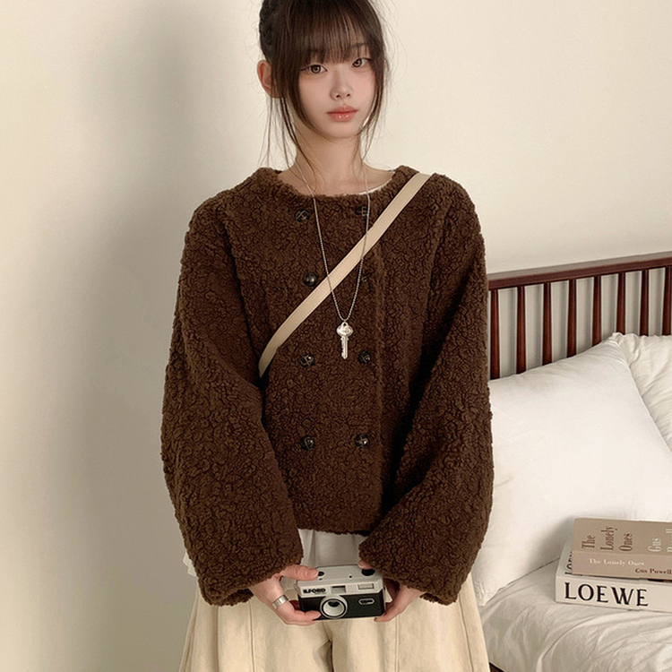 ツーボタンウールボアノーカラーコート BROWN