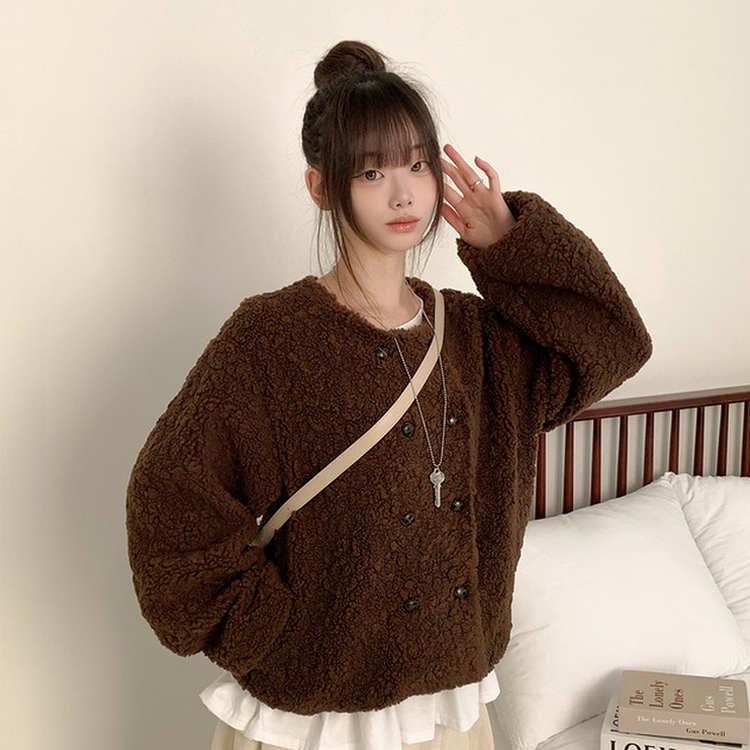 ツーボタンウールボアノーカラーコート BROWN