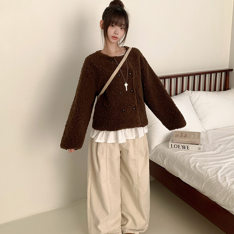 ツーボタンウールボアノーカラーコート BROWN