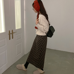 런던 기모 체크 밴딩 H라인 롱 스커트 브라운