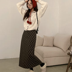 런던 기모 체크 밴딩 H라인 롱 스커트 브라운