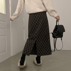 런던 기모 체크 밴딩 H라인 롱 스커트 브라운