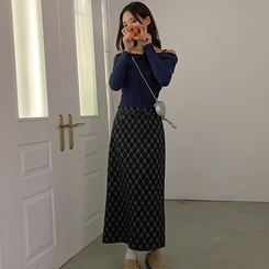 런던 기모 체크 밴딩 H라인 롱 스커트 네이비