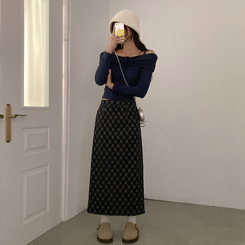 런던 기모 체크 밴딩 H라인 롱 스커트 네이비