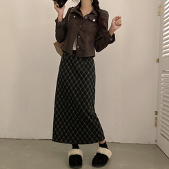 런던 기모 체크 밴딩 H라인 롱 스커트 블랙