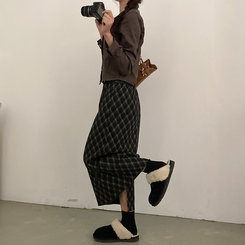 런던 기모 체크 밴딩 H라인 롱 스커트 블랙
