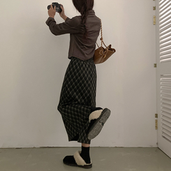 런던 기모 체크 밴딩 H라인 롱 스커트 블랙