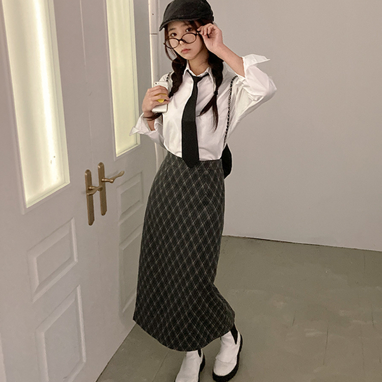 런던 기모 체크 밴딩 H라인 롱 스커트 그레이