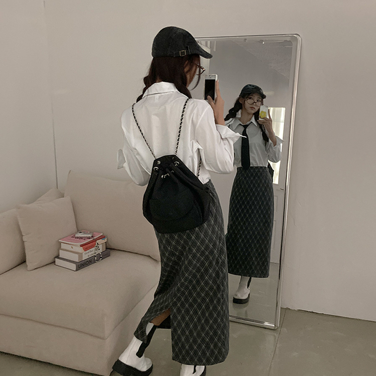 런던 기모 체크 밴딩 H라인 롱 스커트 그레이