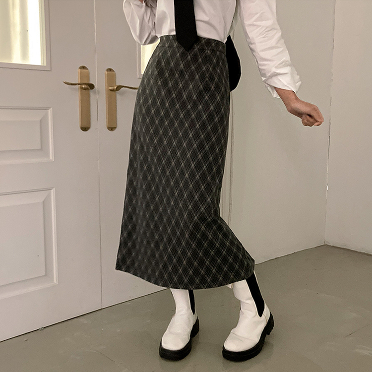 런던 기모 체크 밴딩 H라인 롱 스커트 그레이