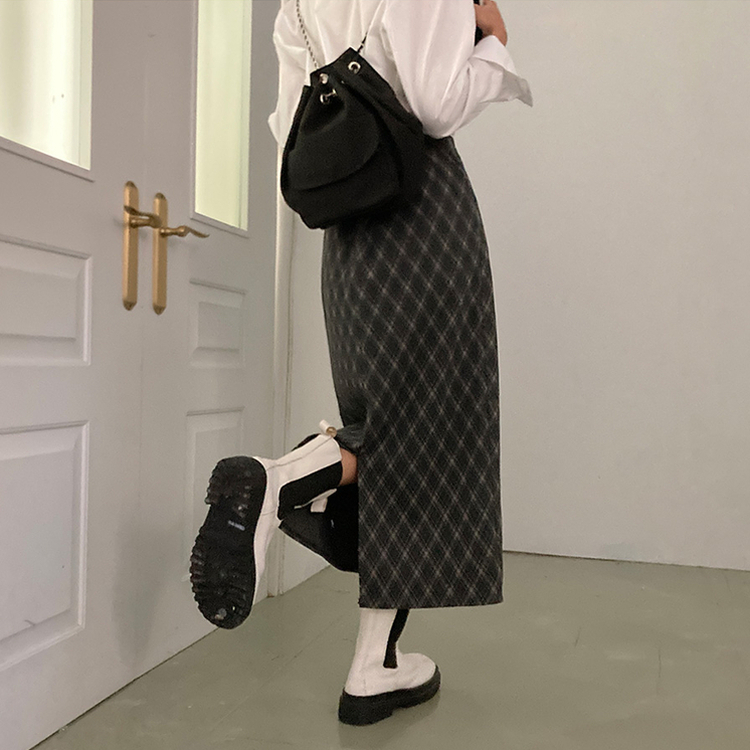 런던 기모 체크 밴딩 H라인 롱 스커트 그레이