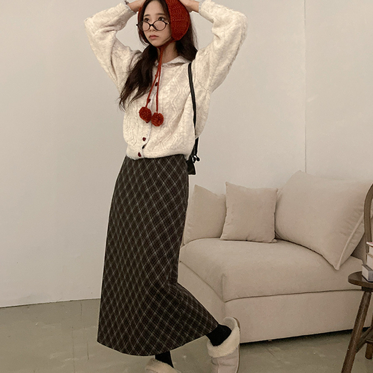 런던 기모 체크 밴딩 H라인 롱 스커트 브라운