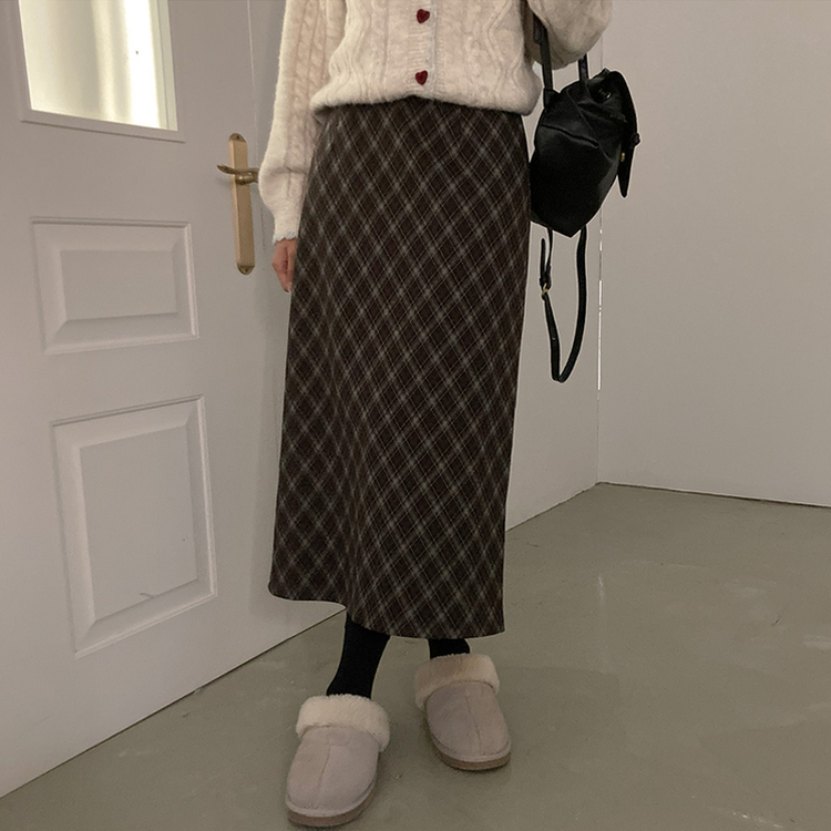 런던 기모 체크 밴딩 H라인 롱 스커트 브라운
