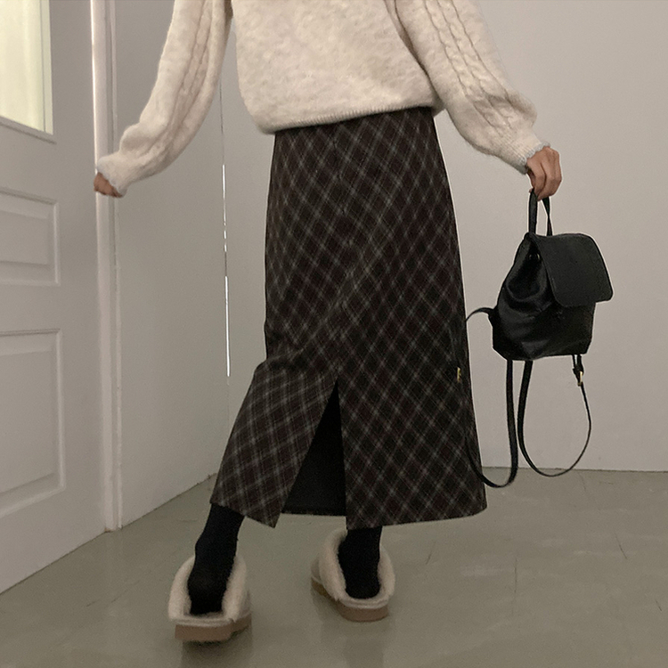 런던 기모 체크 밴딩 H라인 롱 스커트 브라운
