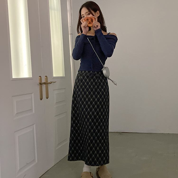 런던 기모 체크 밴딩 H라인 롱 스커트 네이비