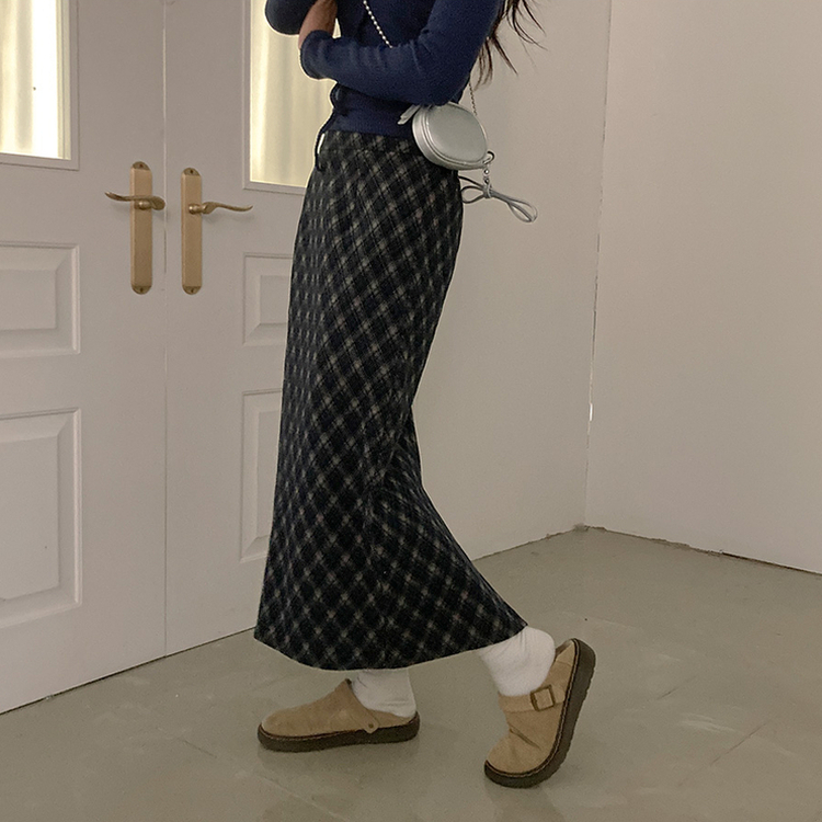 런던 기모 체크 밴딩 H라인 롱 스커트 네이비