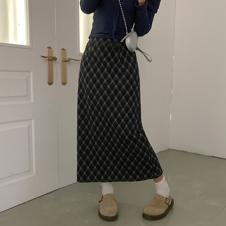 런던 기모 체크 밴딩 H라인 롱 스커트 네이비