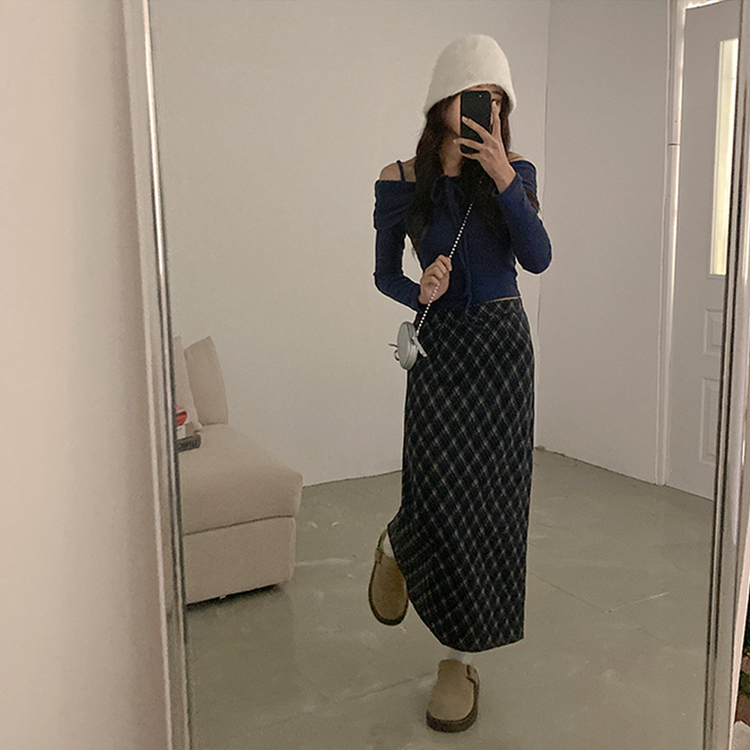 런던 기모 체크 밴딩 H라인 롱 스커트 네이비