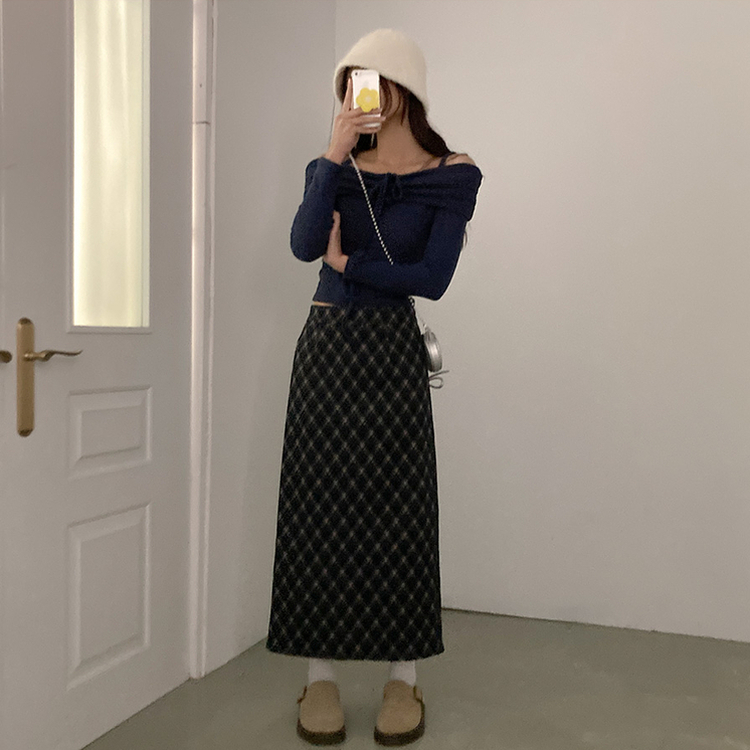 런던 기모 체크 밴딩 H라인 롱 스커트 네이비