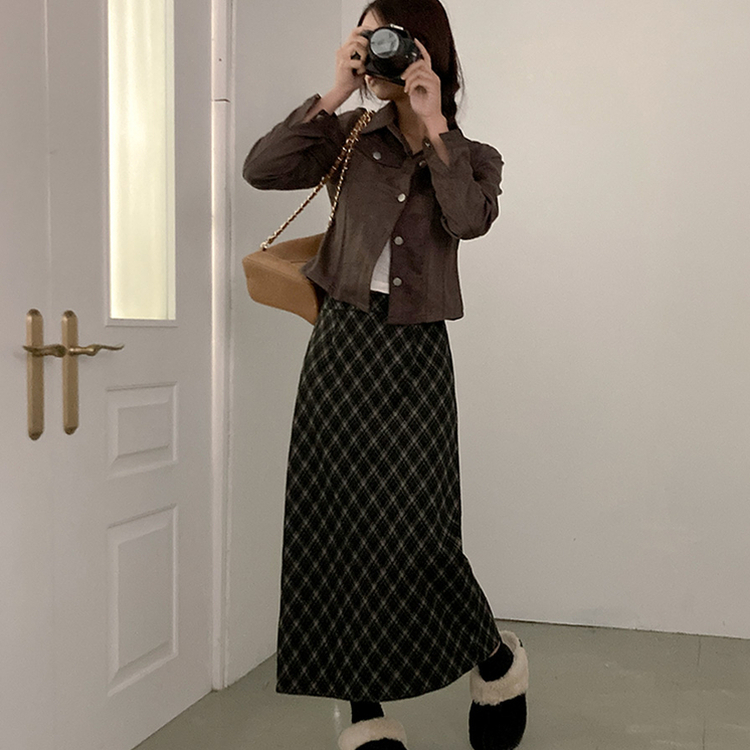 런던 기모 체크 밴딩 H라인 롱 스커트 블랙