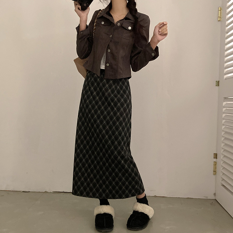 런던 기모 체크 밴딩 H라인 롱 스커트 블랙