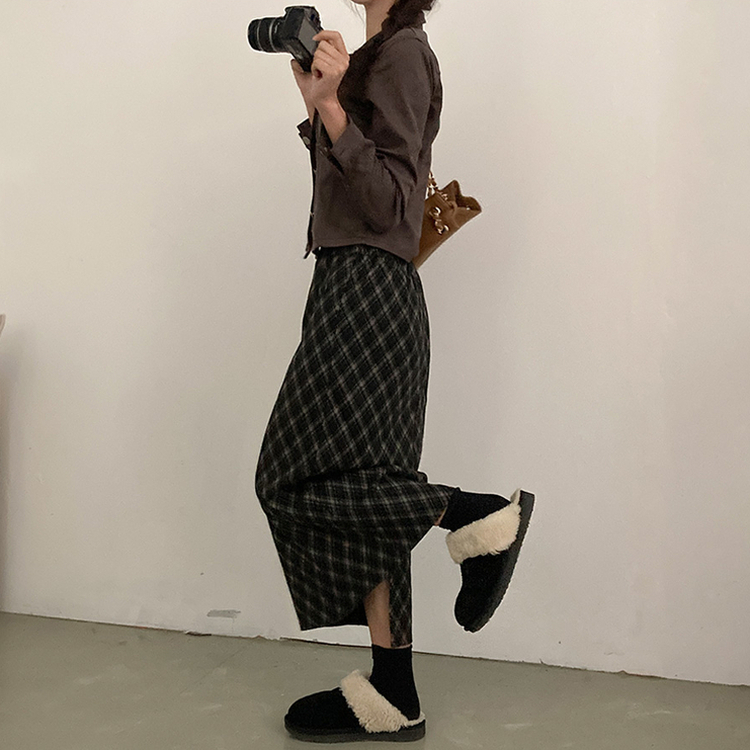 런던 기모 체크 밴딩 H라인 롱 스커트 블랙