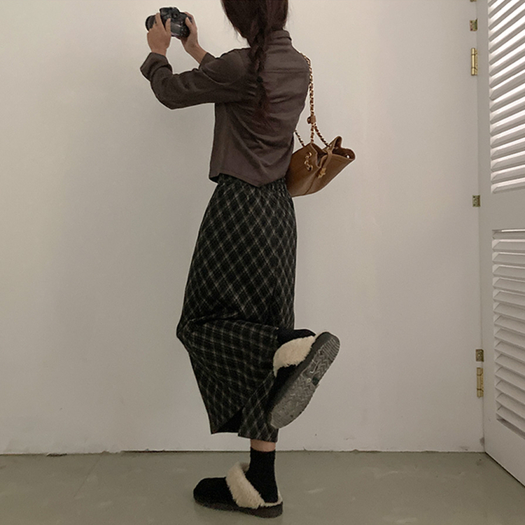 런던 기모 체크 밴딩 H라인 롱 스커트 블랙