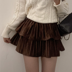 메리제인 벨벳 캉캉 미니 벨로아 스커트 브라운