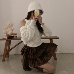 메리제인 벨벳 캉캉 미니 벨로아 스커트 브라운