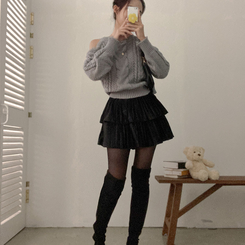 메리제인 벨벳 캉캉 미니 벨로아 스커트 블랙