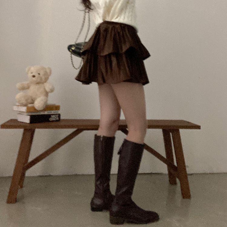 메리제인 벨벳 캉캉 미니 벨로아 스커트 브라운