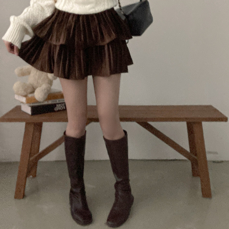 메리제인 벨벳 캉캉 미니 벨로아 스커트 브라운