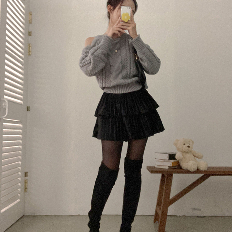 메리제인 벨벳 캉캉 미니 벨로아 스커트 블랙