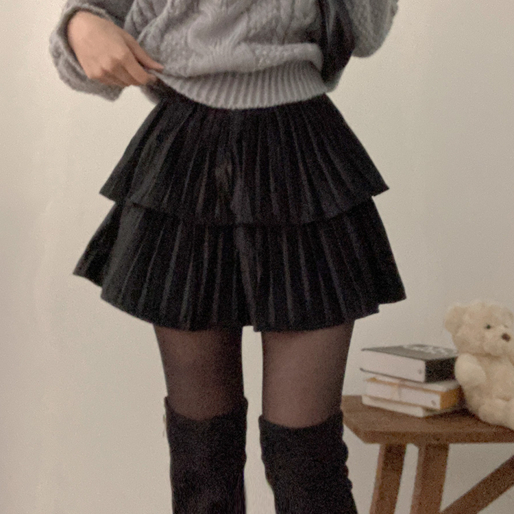 메리제인 벨벳 캉캉 미니 벨로아 스커트 블랙