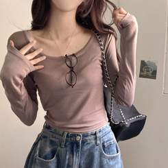 슈가 말랑 유넥 기모 긴팔 티셔츠 브라운