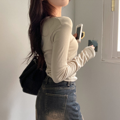 슈가 말랑 유넥 기모 긴팔 티셔츠 올리브