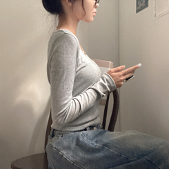 슈가 말랑 유넥 기모 긴팔 티셔츠 그레이