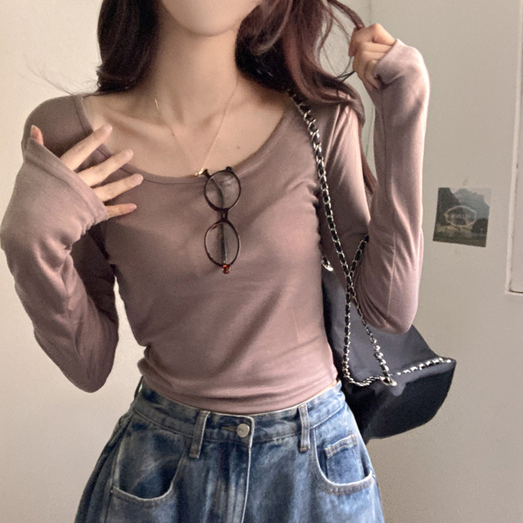 슈가 말랑 유넥 기모 긴팔 티셔츠 브라운