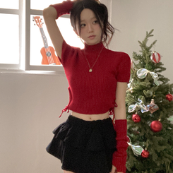 스토커 반목 반팔 골지 옆셔링 리본 트임 워머 세트 레드