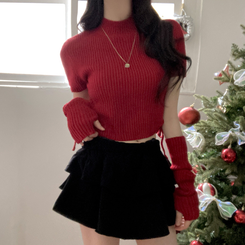 스토커 반목 반팔 골지 옆셔링 리본 트임 워머 세트 레드