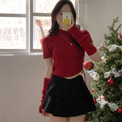 스토커 반목 반팔 골지 옆셔링 리본 트임 워머 세트 레드