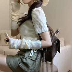 스토커 반목 반팔 골지 옆셔링 리본 트임 워머 세트 아이보리